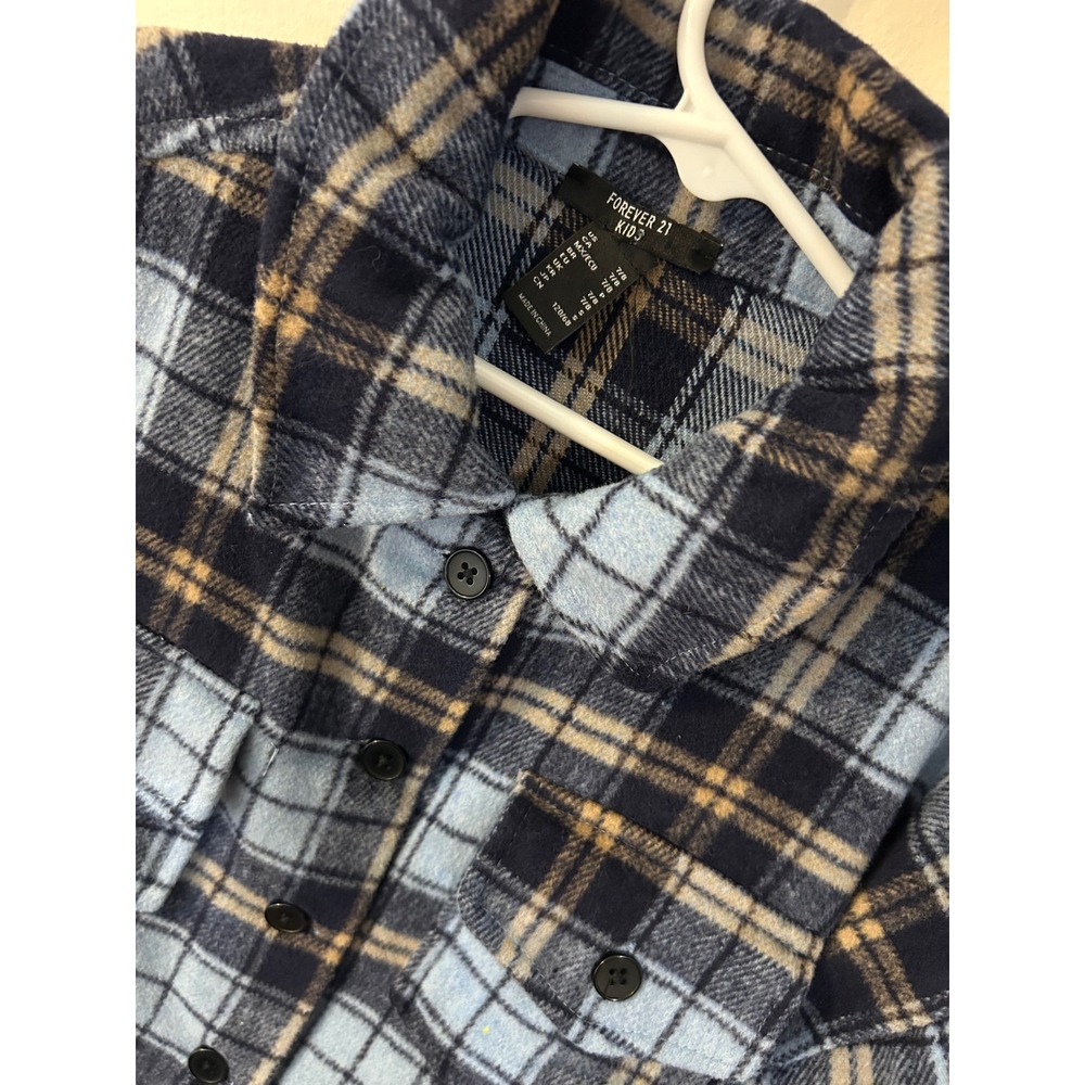 Forever 21 Kids Blue Plaid Shacket Button Down Shirt Jacket Side Pockets Sz 7/8